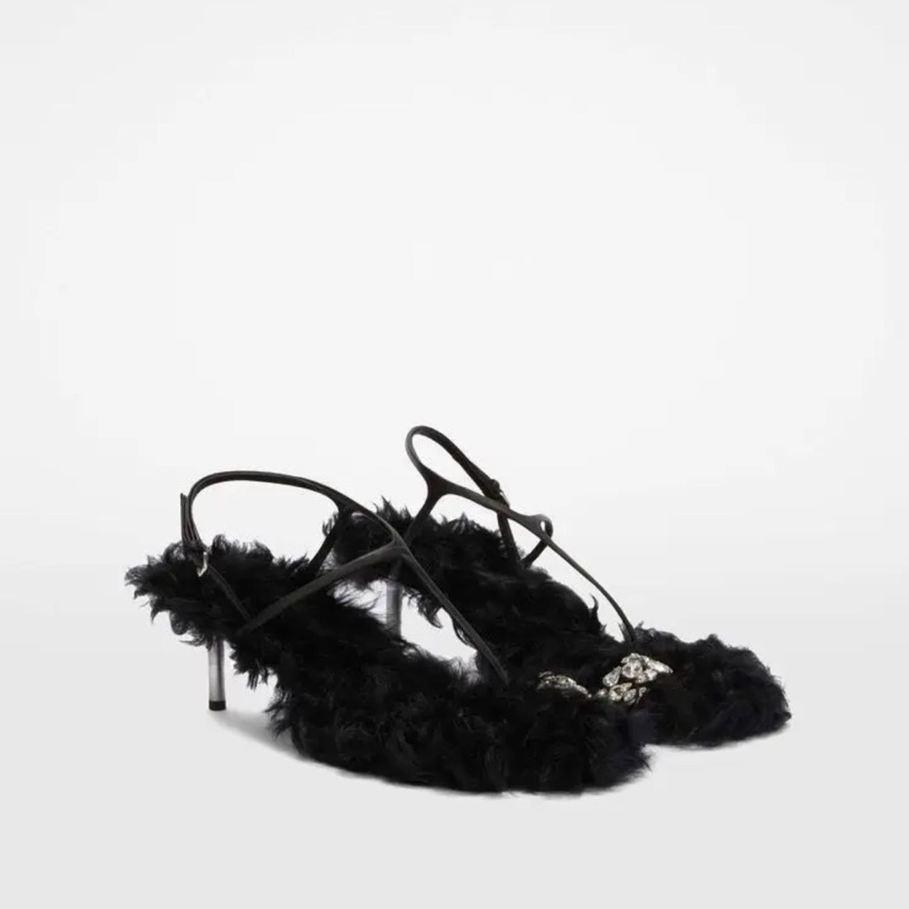 New! Jil Sander Black Furry Sandals with Rhinestone Details - Picture 3 of 6